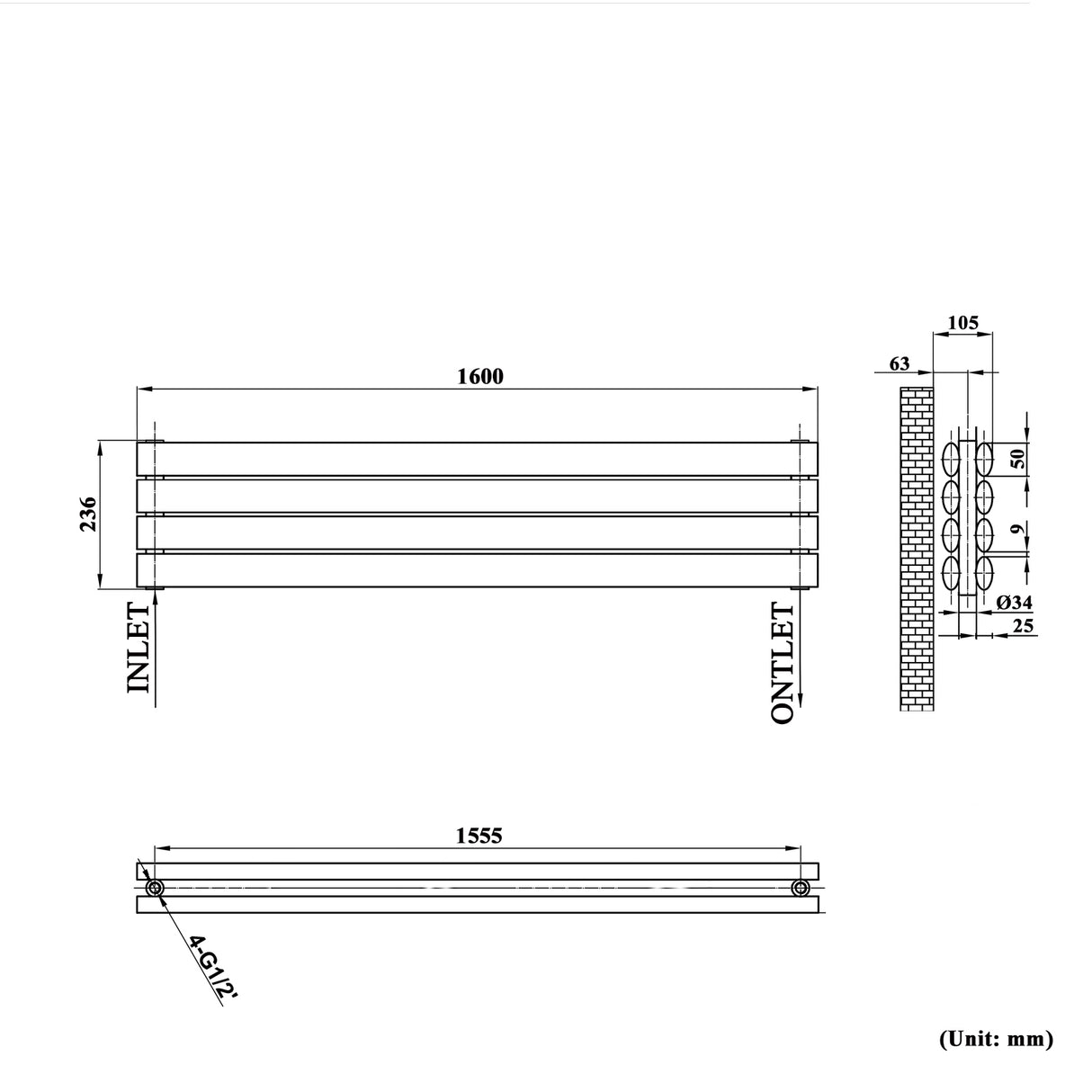 Modern Splash White Horizontal Oval Column Radiator 236x1600mm Double