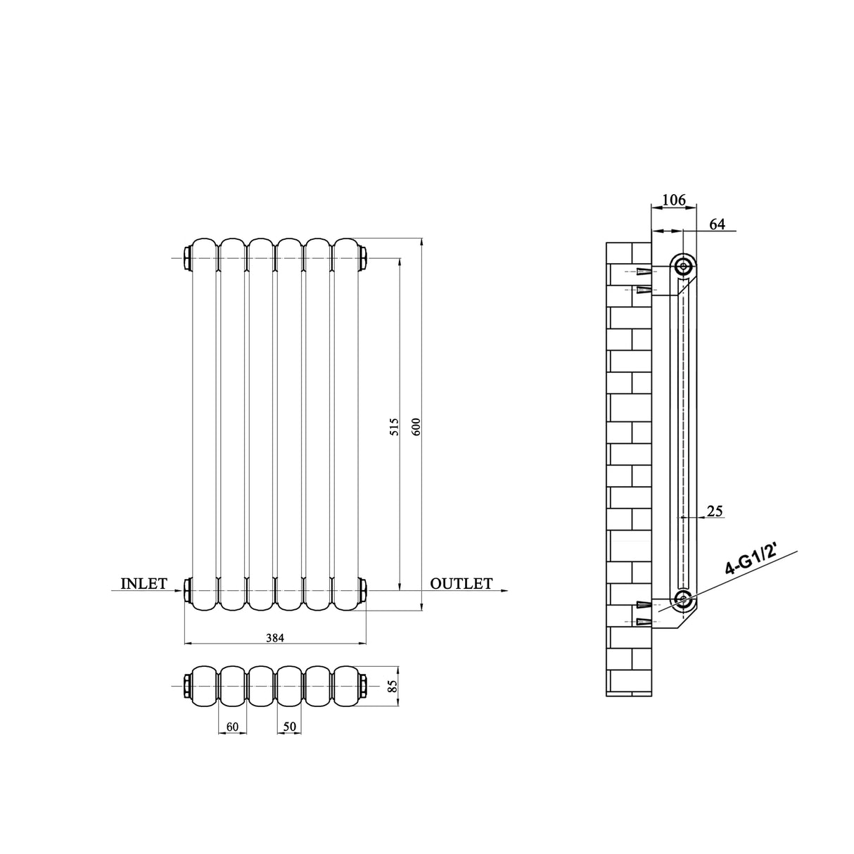 Modern Splash White Horizontal Cast Iron Round Tube Radiator 600x384mm Double