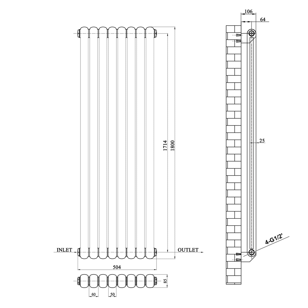 Modern Splash White Vertical Cast Iron Round Tube Radiator 1800x504mm Double