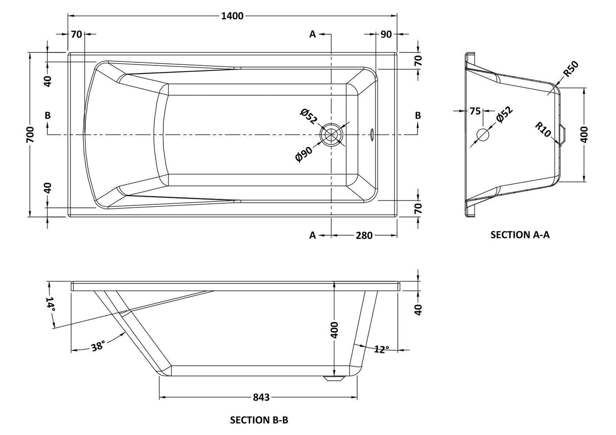 Modern Splash Linton 1400mm x 700mm Square Single Ended Bath With Legs