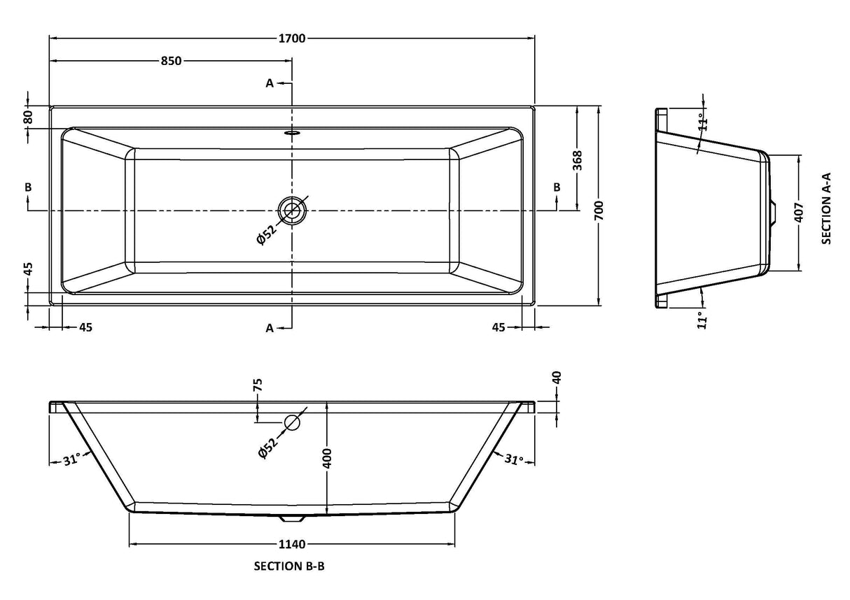 Modern Splash Thin Edge 1700mm x 700mm Square Double Ended Bath With Legs