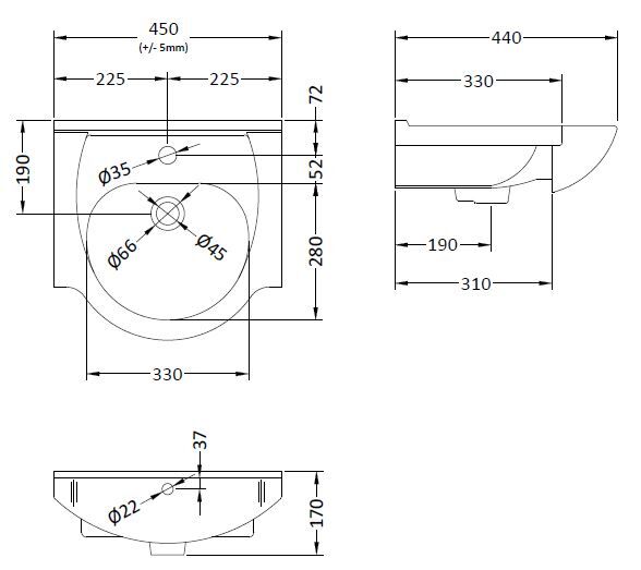 Modern Splash Mayford Round 1 Tap Hole 450mm Ceramic Basin