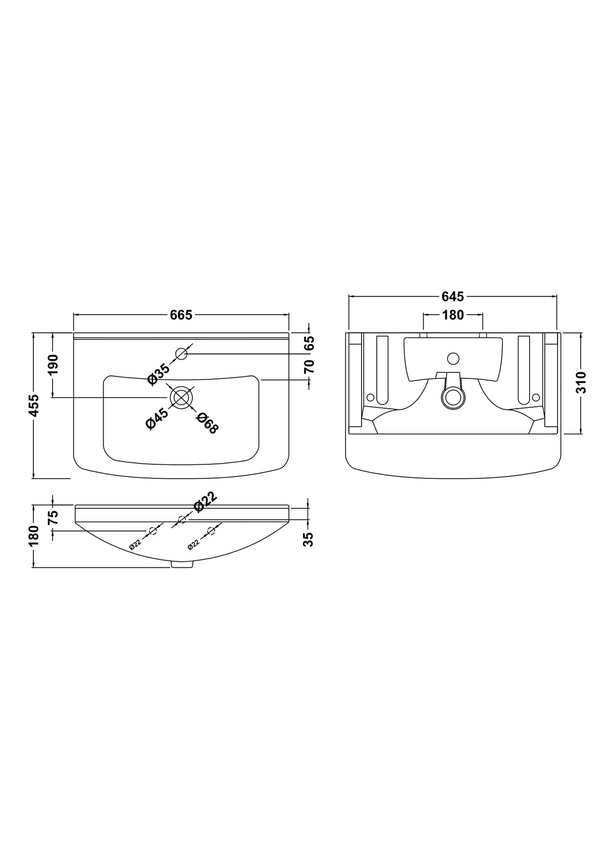 Modern Splash Mayford Square 1 Tap Hole 650mm Ceramic Basin