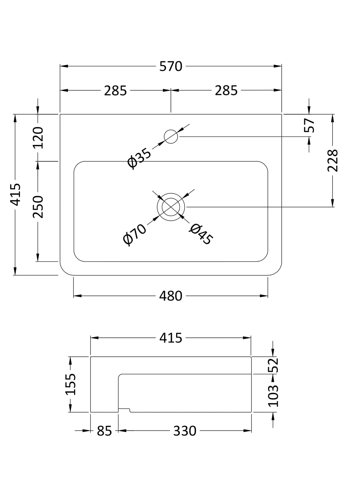1 Tap Hole 570mm Ceramic Square Semi-Recessed Vessel Basin