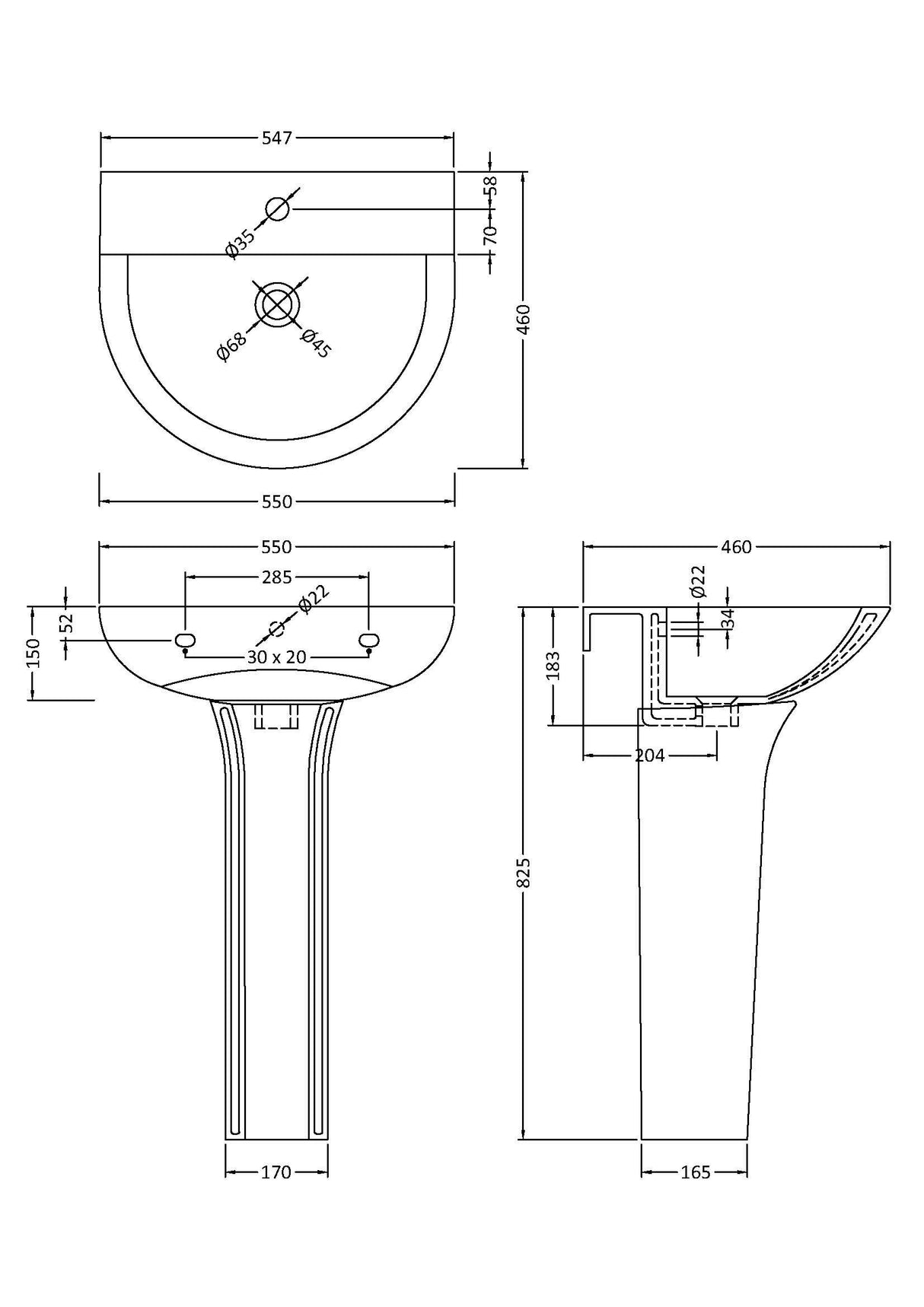 Modern Splash Freya 1 Tap Hole 550mm Basin & Pedestal