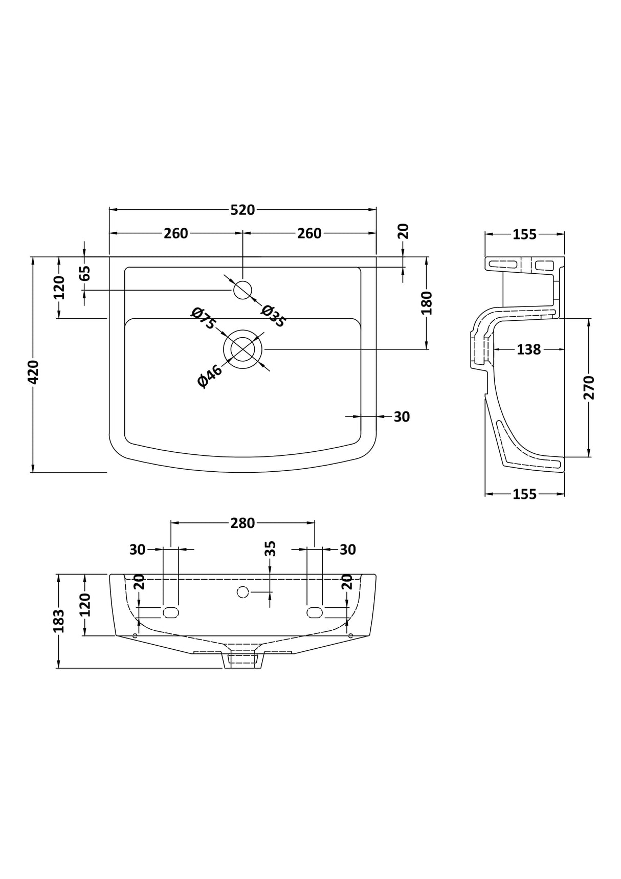 Modern Splash Bliss 1 Tap Hole 520mm Ceramic Basin