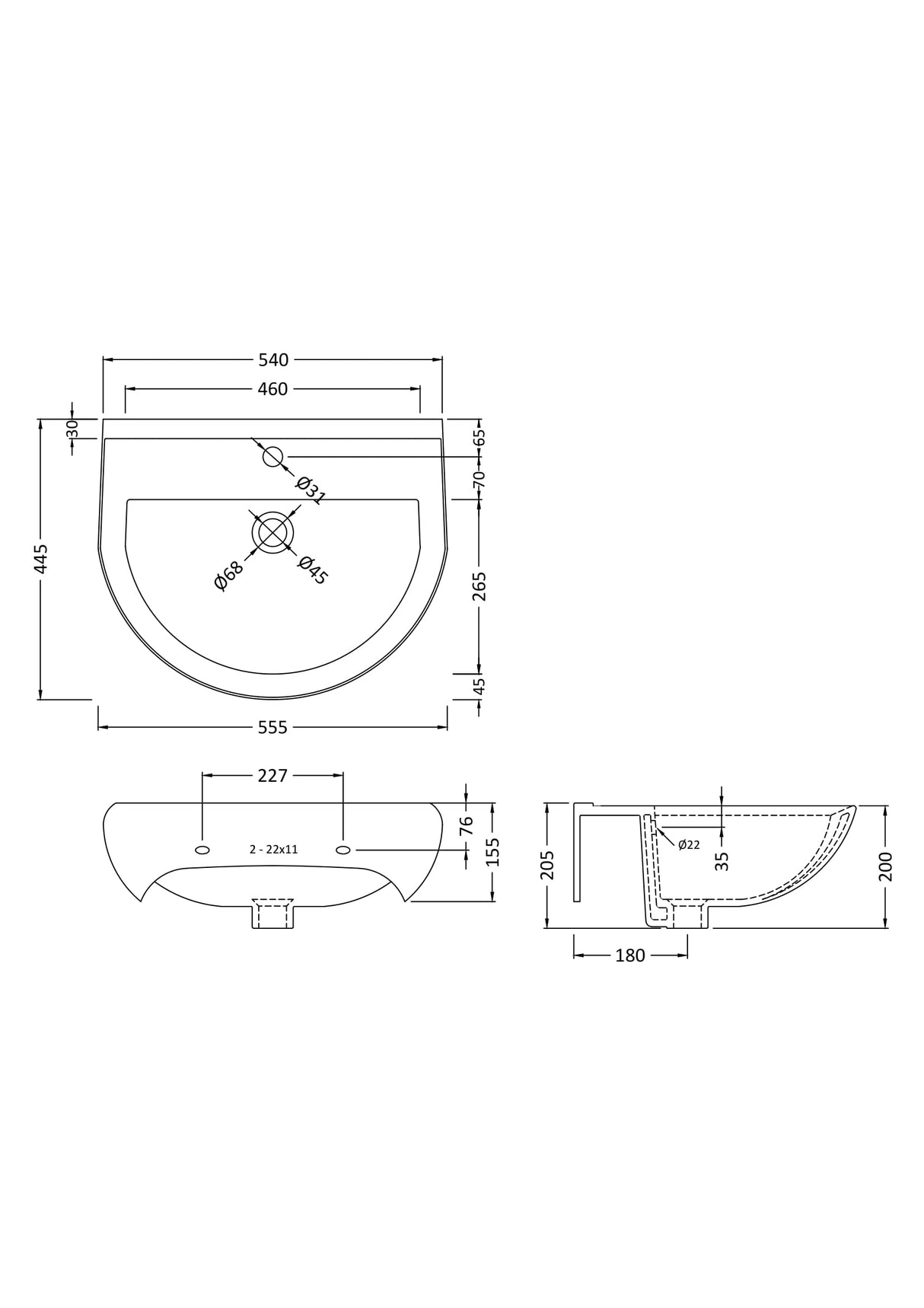 Modern Splash 1 Tap Hole 550mm Ceramic Basin