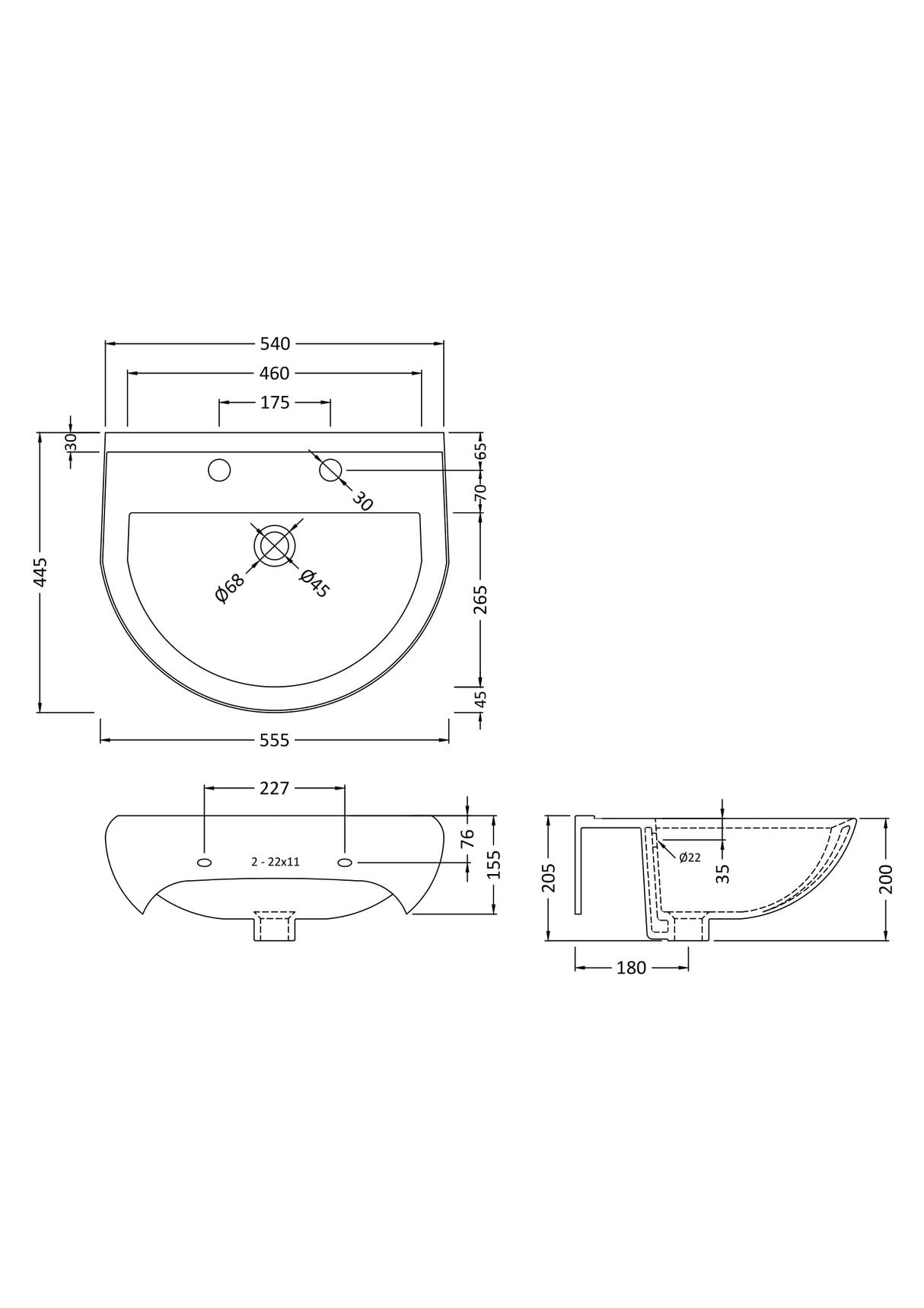 Modern Splash 2 Tap Hole 550mm Ceramic Basin