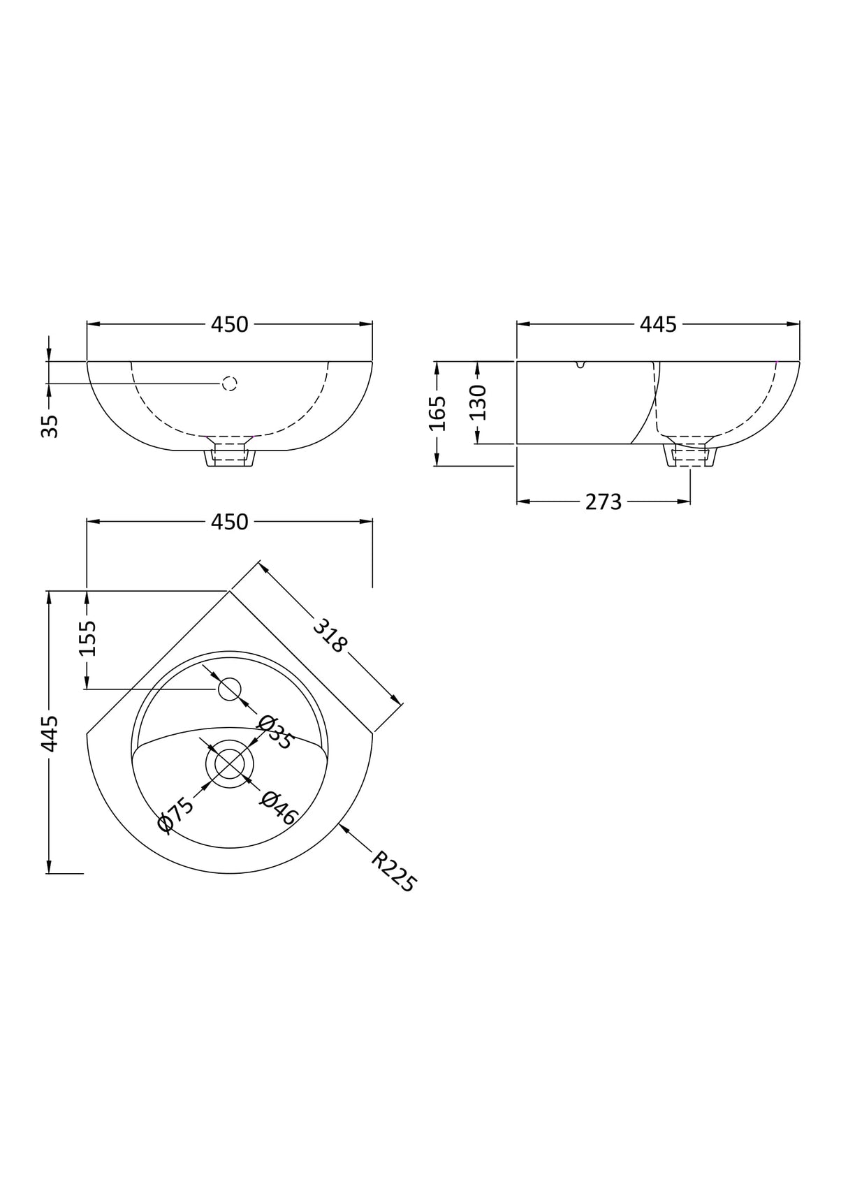 Modern Splash 1 Tap Hole 450mm Wall Hung Ceramic Corner Basin