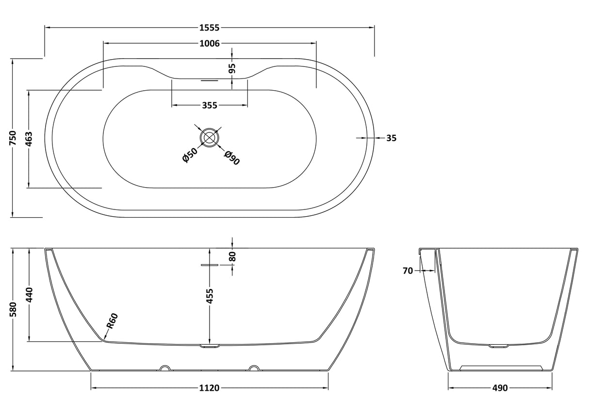 Modern Splash Continuum 1555mm Freestanding Boat Bath With Legs
