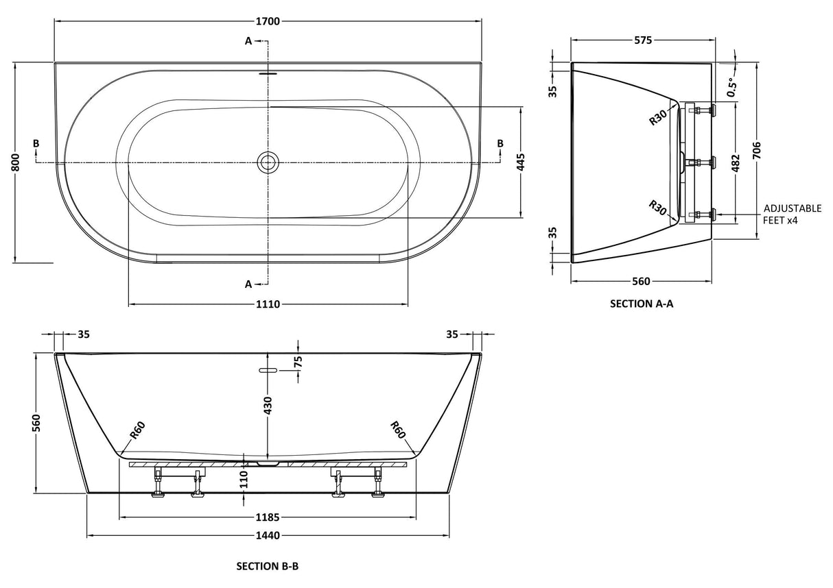 Modern Splash Myriad 1700mm Back To Wall Bath With Legs And Chrome Waste