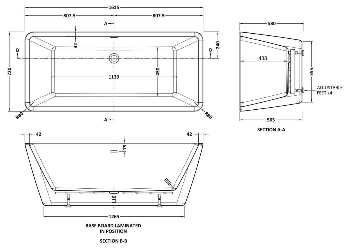 Modern Splash Endeavor 1615mm Square Back To Wall Bath With Legs And Chrome Waste