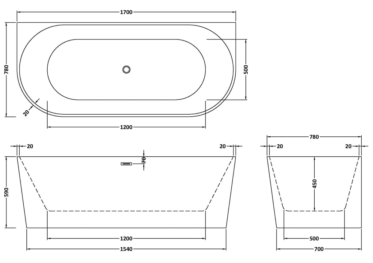 Modern Splash Everlast 1700mm Back To Wall Bath With Legs And Waste