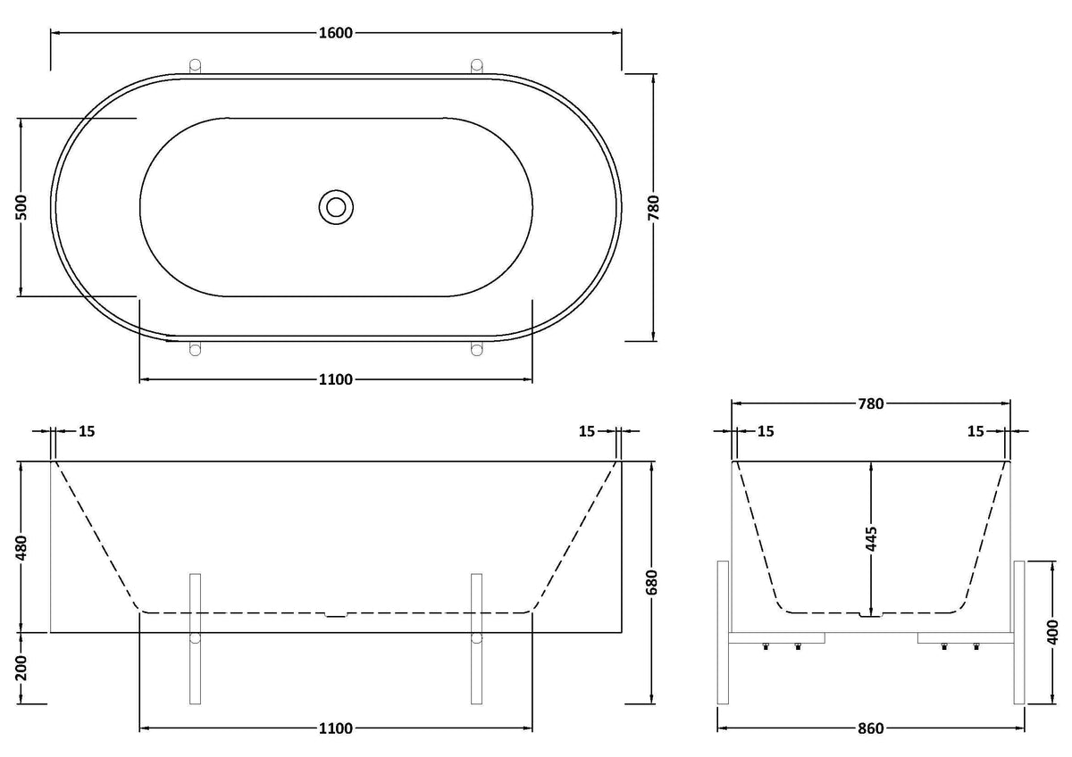 Modern Splash Elevated 1600mm Freestanding Bath With Legs And Waste