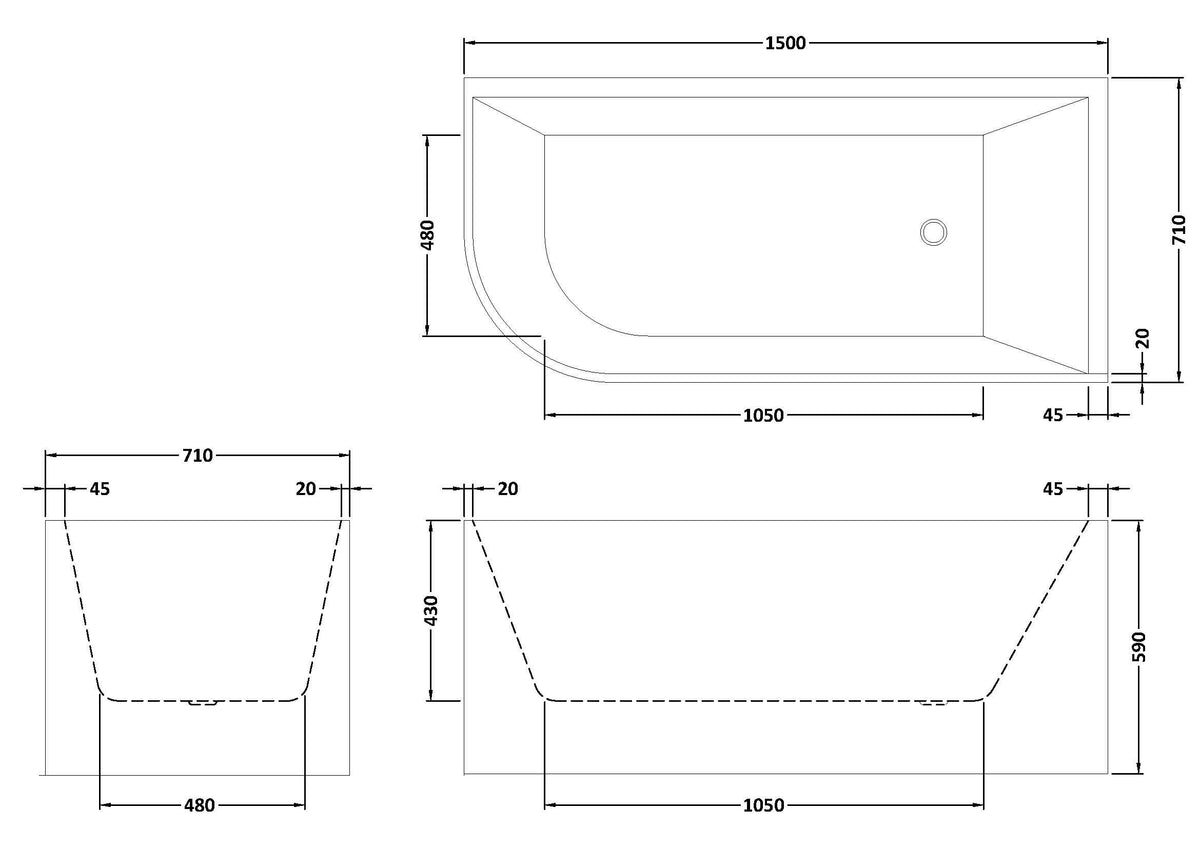 Modern Splash Chronicle 1500mm Right-Hand Corner Bath With Legs And Waste
