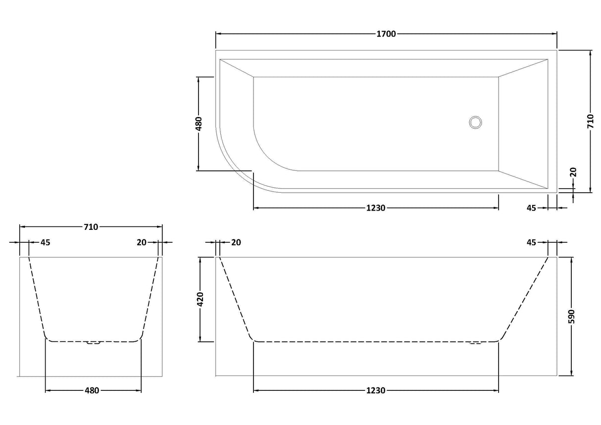 Modern Splash Chronicle 1700mm Right-Hand Corner Bath With Legs And Waste
