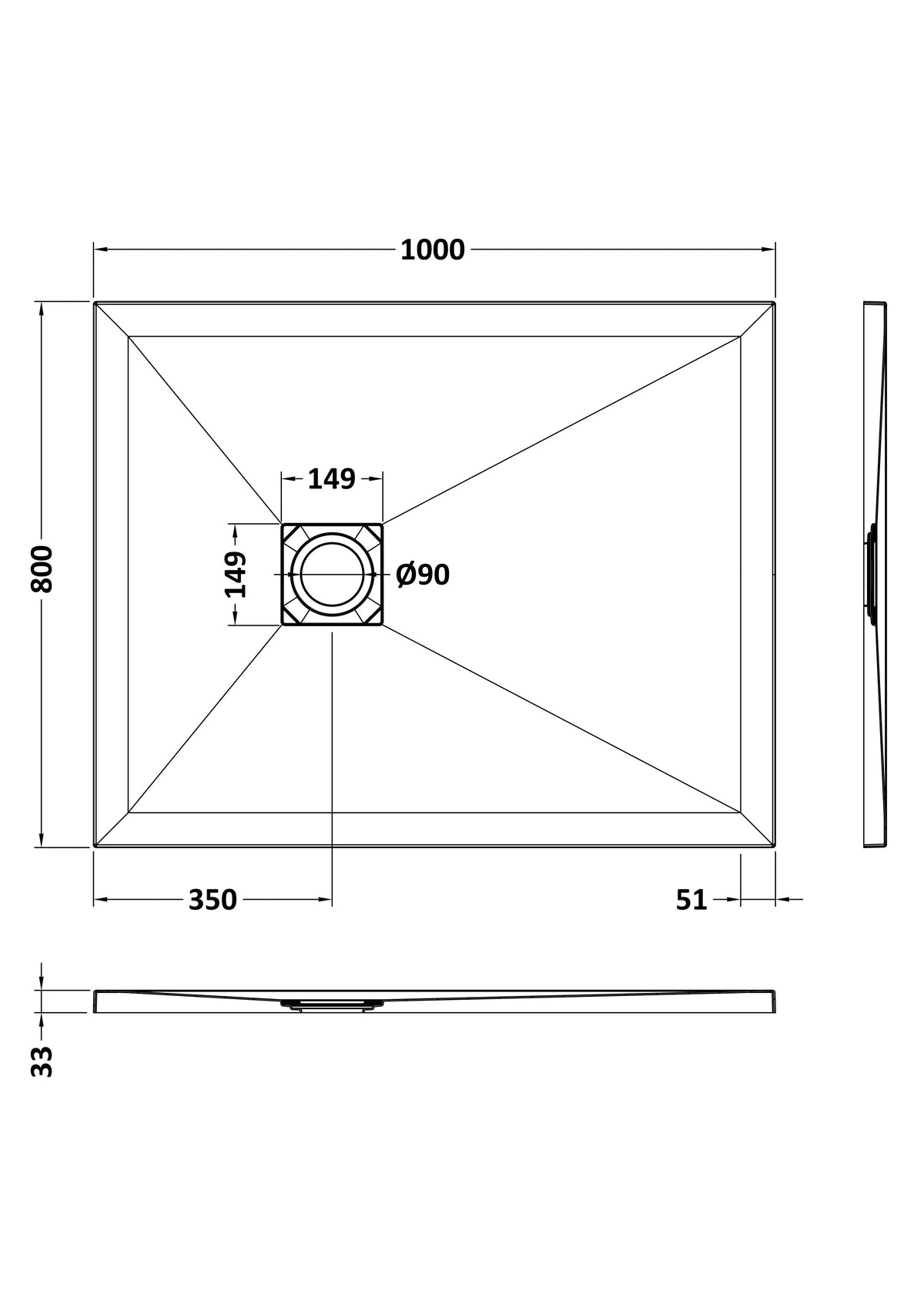 1000 x 800mm Black Slate Slimline Rectangular Shower Tray