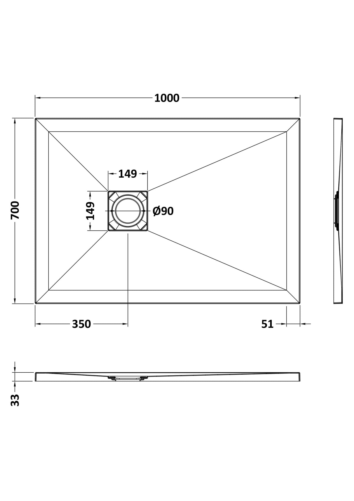 1000 x 700mm Black Slate Slimline Rectangular Shower Tray