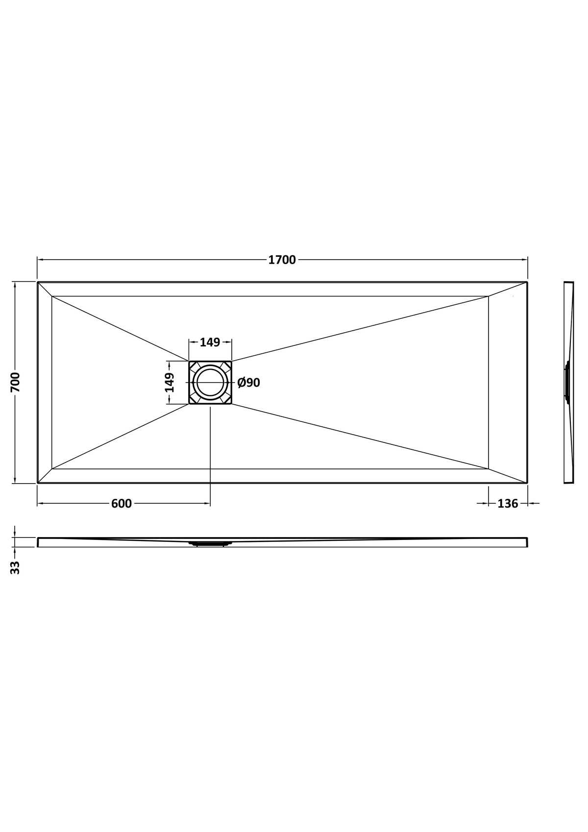 1700 x 700mm Black Slate Slimline Rectangular Shower Tray