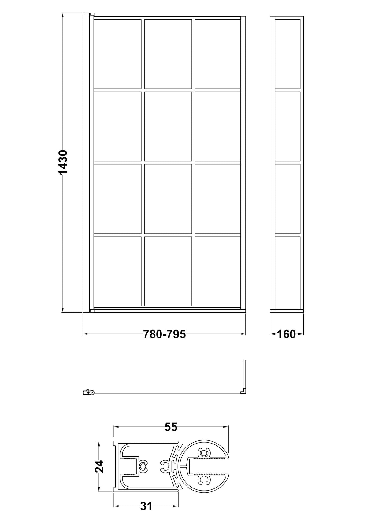 Modern Splash 800mm Matt Black L Shape Matrix Hinged Bath Screen With Fixed Return