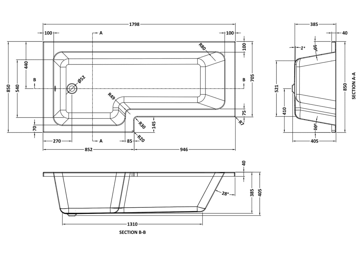 Modern Splash 1800mm L-Shaped Left-Hand Square Shower Bath