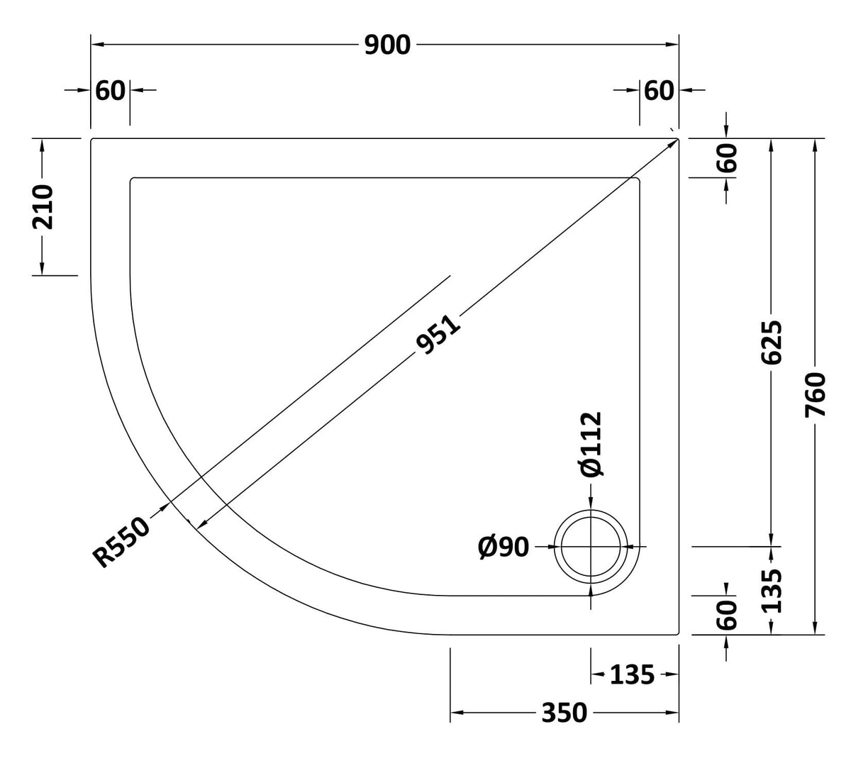 900 x 760mm White Slip Resistant Slimline Left Hand Offset Quadrant Shower Tray