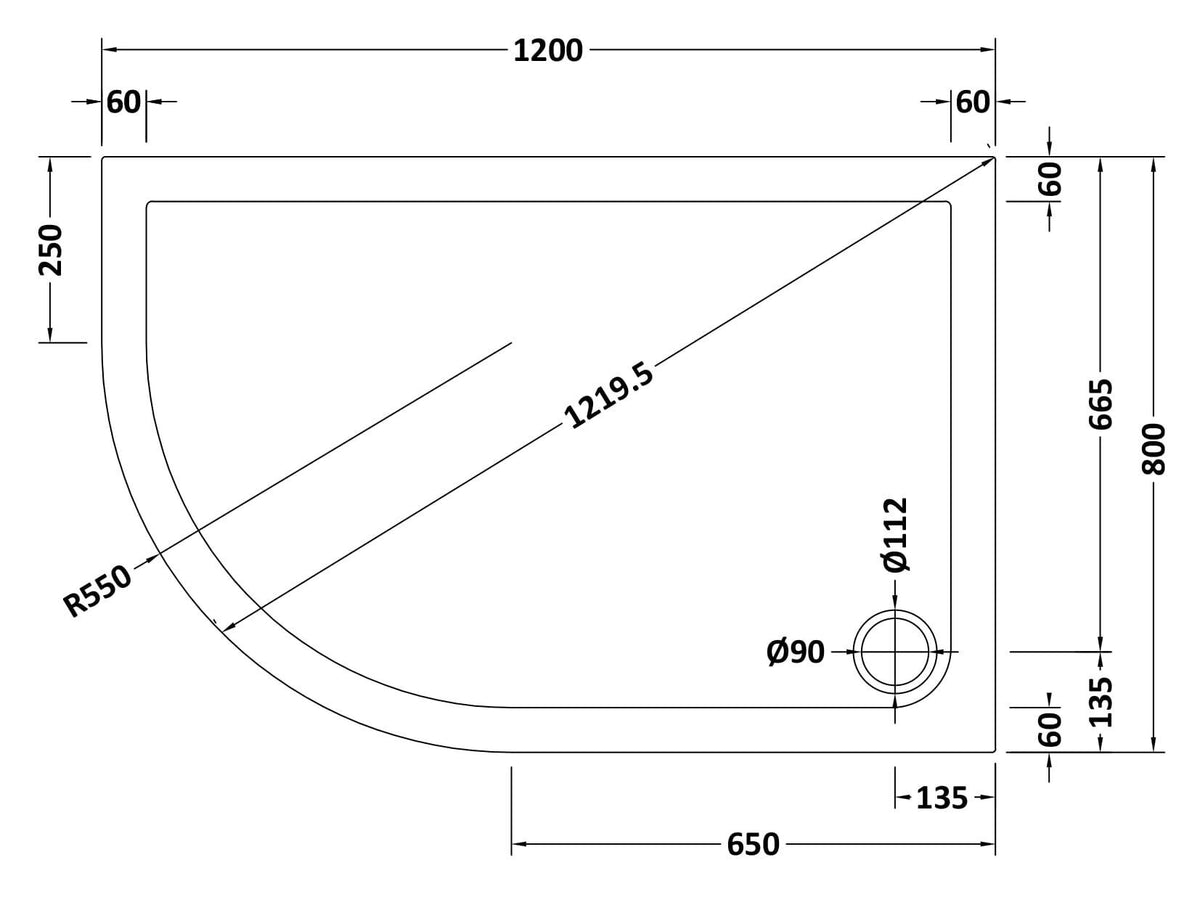 1200 x 800mm White Slip Resistant Slimline Left Hand Offset Quadrant Shower Tray
