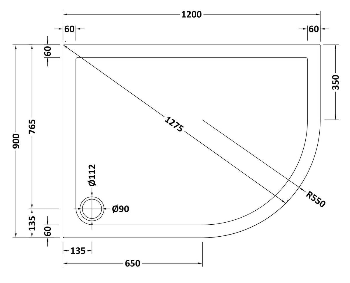 1200 x 900mm White Slip Resistant Slimline Right Hand Offset Quadrant Shower Tray