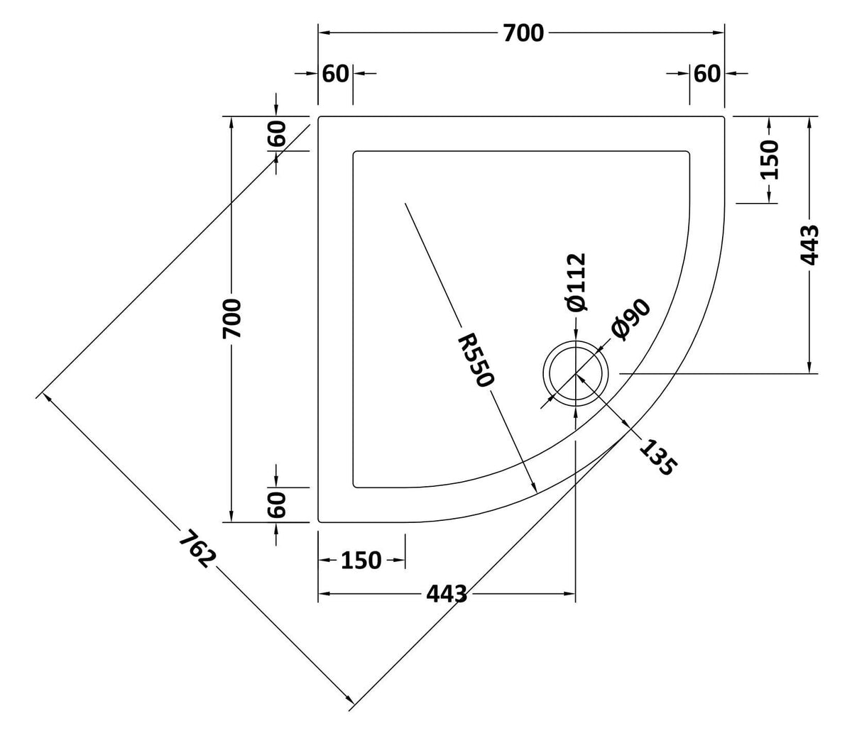 700mm White Slimline Quadrant Shower Tray