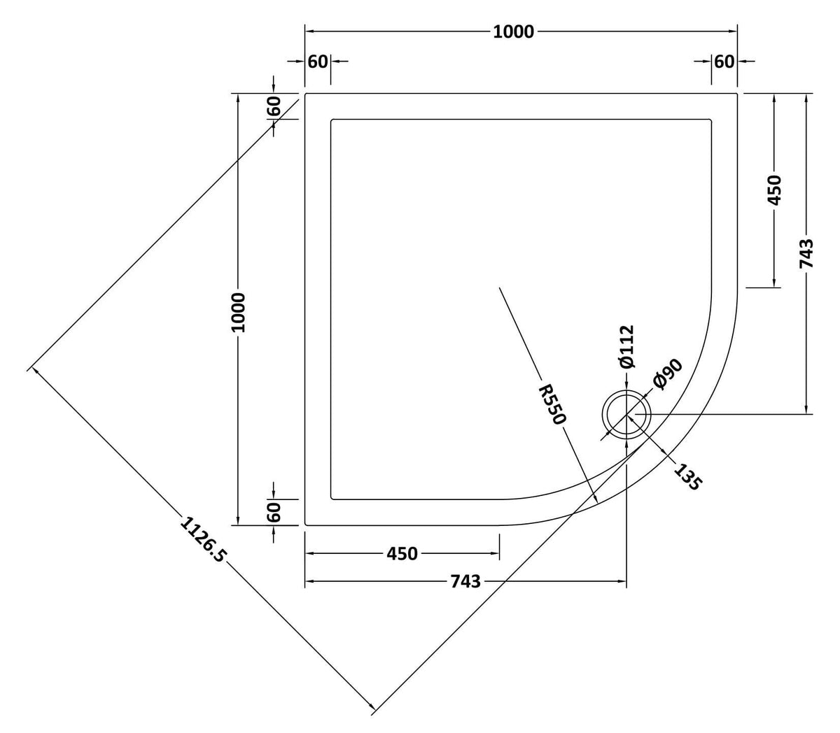 1000mm White Slimline Quadrant Shower Tray