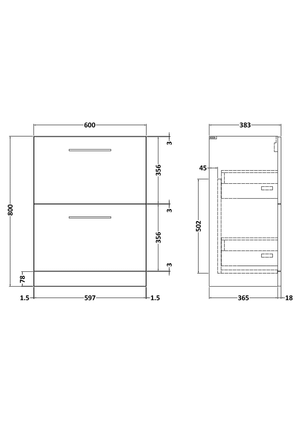 Modern Splash Arno 600mm Gloss White 2 Drawer Floor Standing Vanity Unit