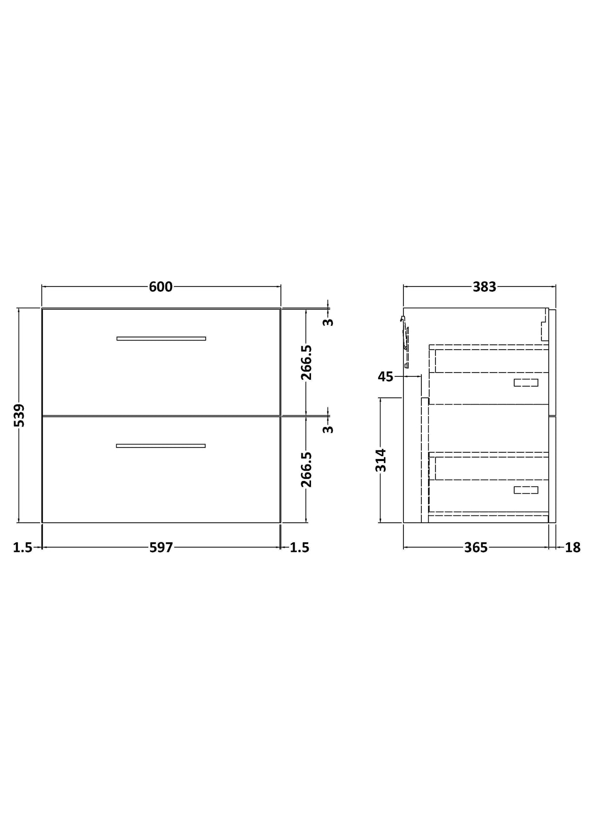 Modern Splash Arno 600mm Soft Black 2 Drawer Wall Hung Vanity Unit