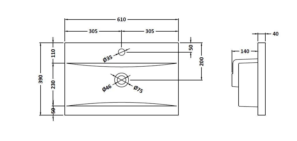 1 Tap Hole 600mm Mid-Edge Ceramic Basin