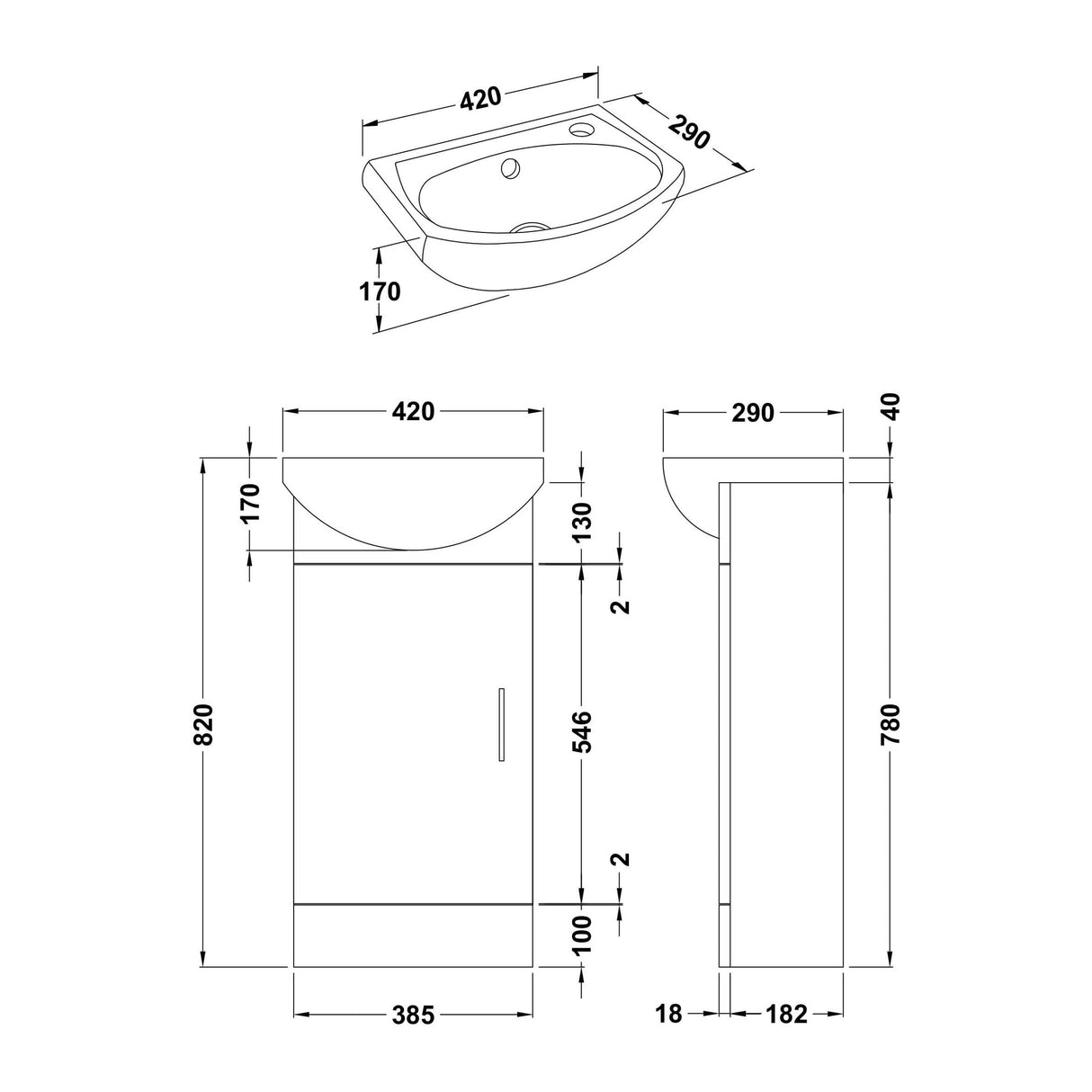 Modern Splash Mayford 400mm Gloss White Floor Standing 1 Door Cloakroom Vanity Unit With Ceramic Basin