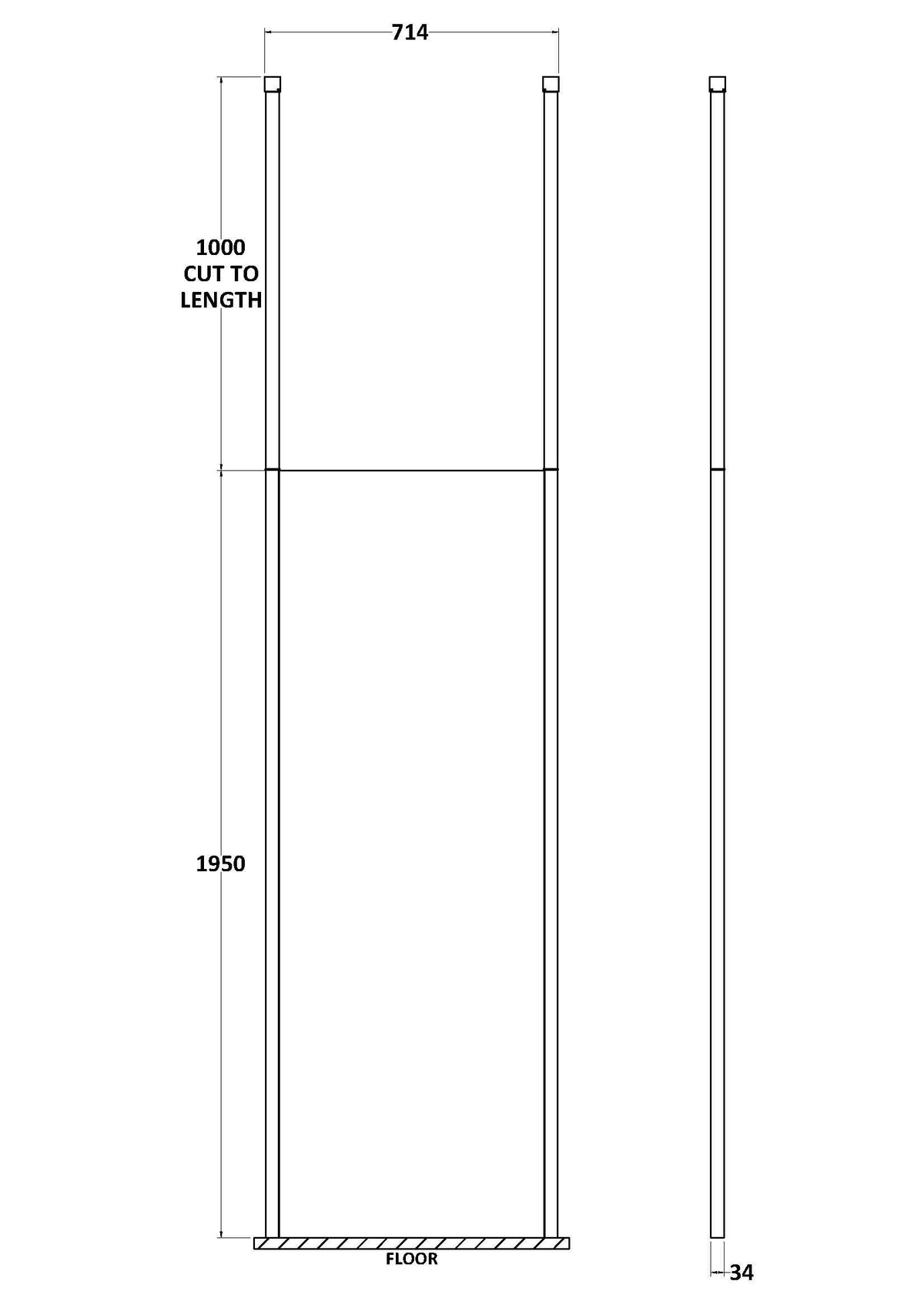 Modern Splash 700mm Matt Black Wetroom Panel 8mm Glass With Ceiling Poles