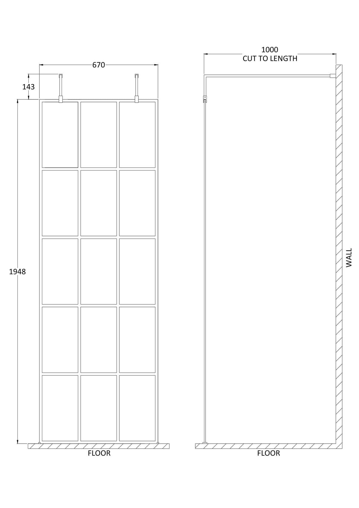 Modern Splash 700mm Matt Black Wetroom Panel 8mm Glass With Support Arms