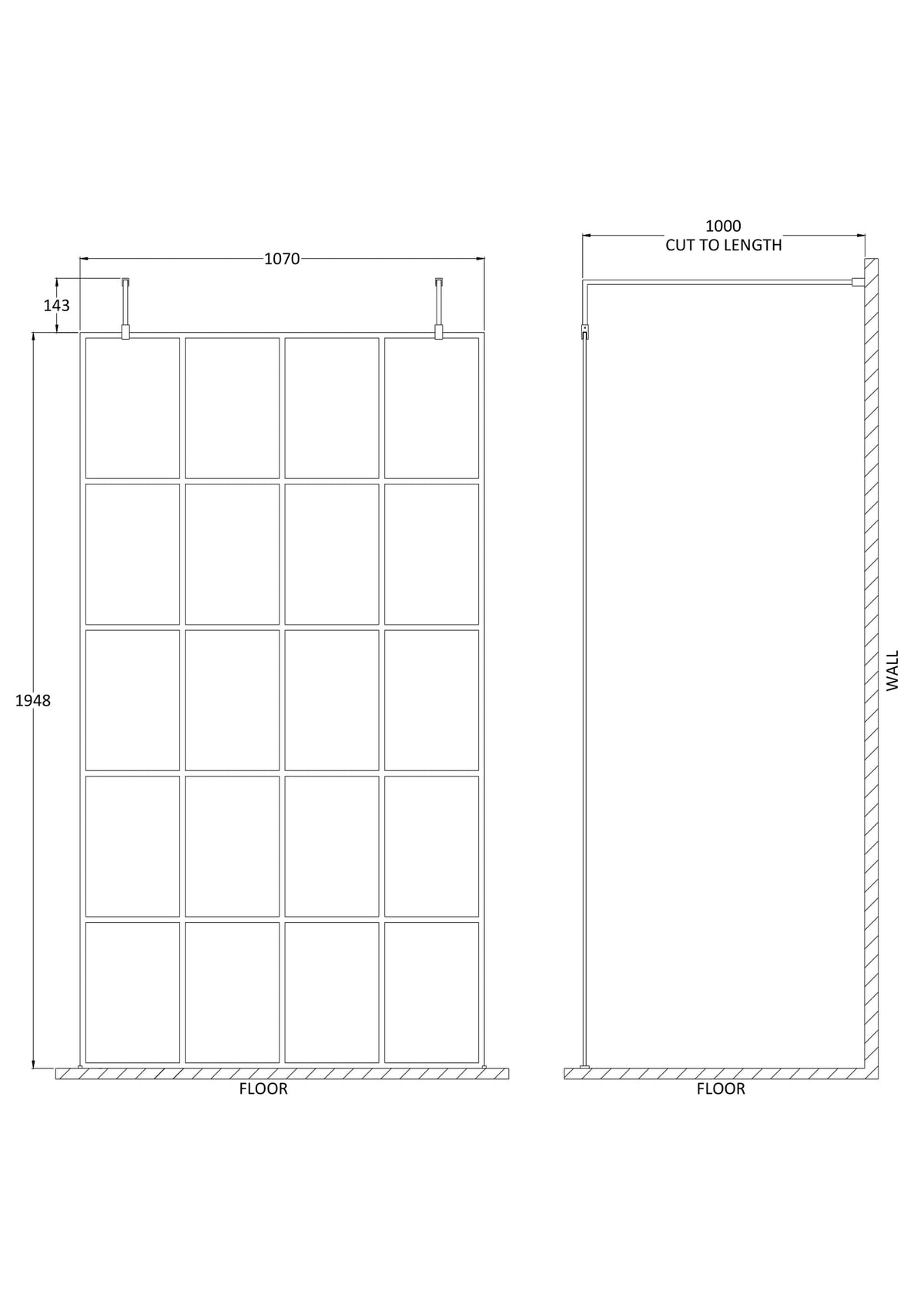 Modern Splash 1100mm Matt Black Wetroom Panel 8mm Glass With Support Arms