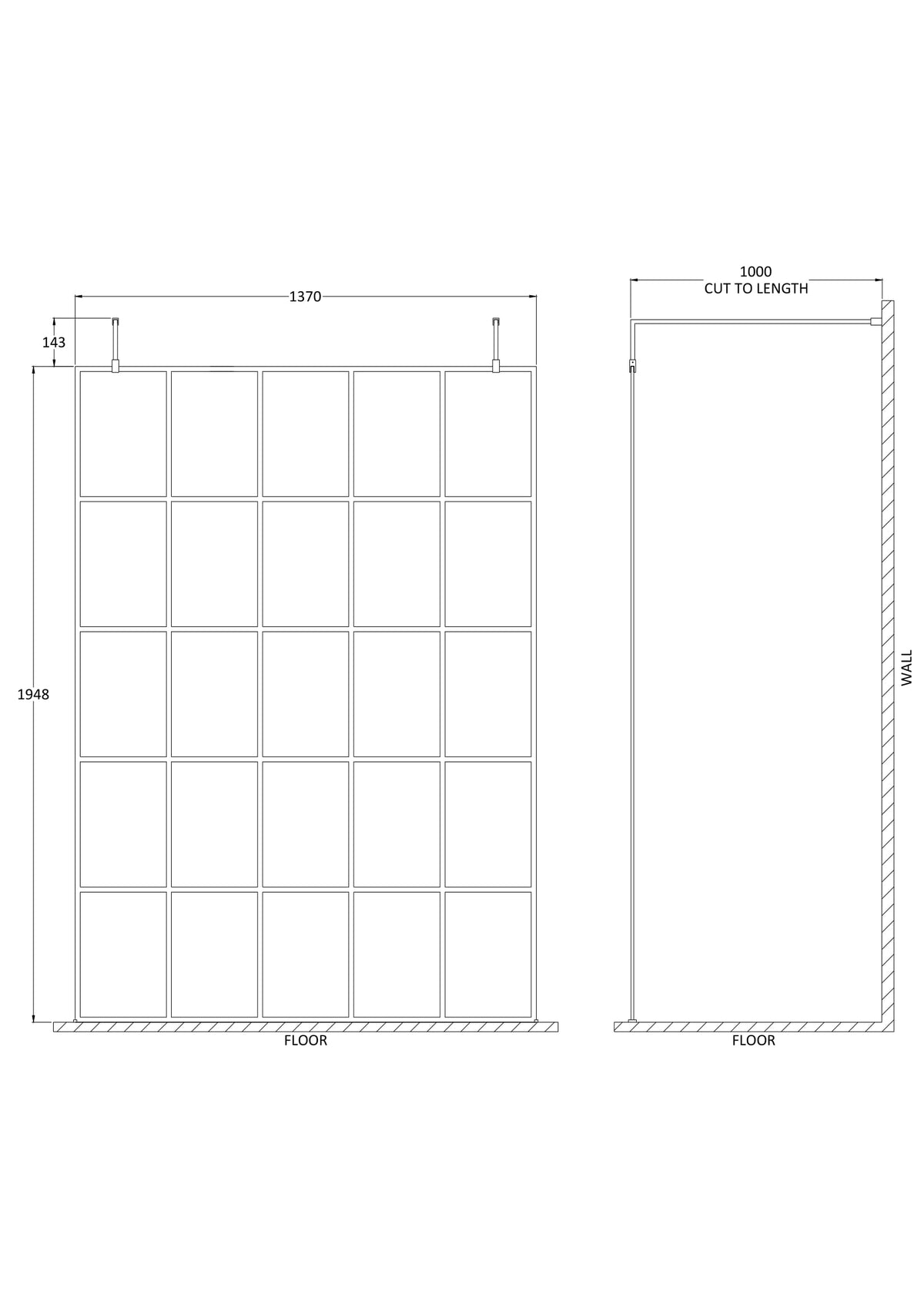 Modern Splash 1400mm Matt Black Wetroom Panel 8mm Glass With Support Arms