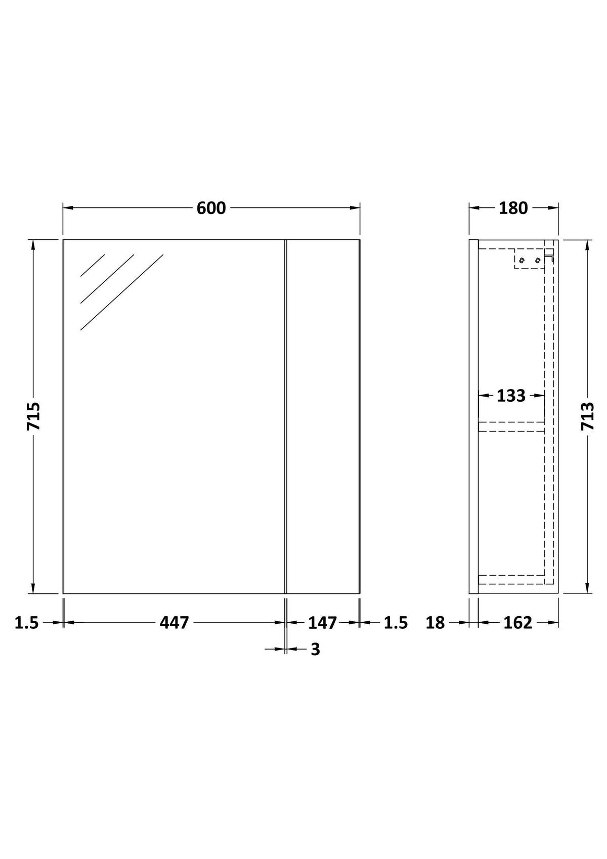 Wall Hung Single Door Mirror Storage Cabinet, 600mm, Brown Grey Avola