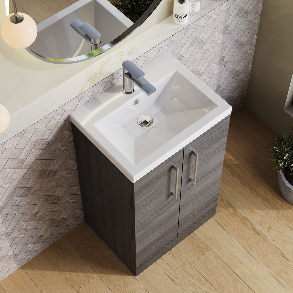 Modern Splash Compact 500mm Anthracite Woodgrain 2 Door Floor Standing Vanity Unit With Basin