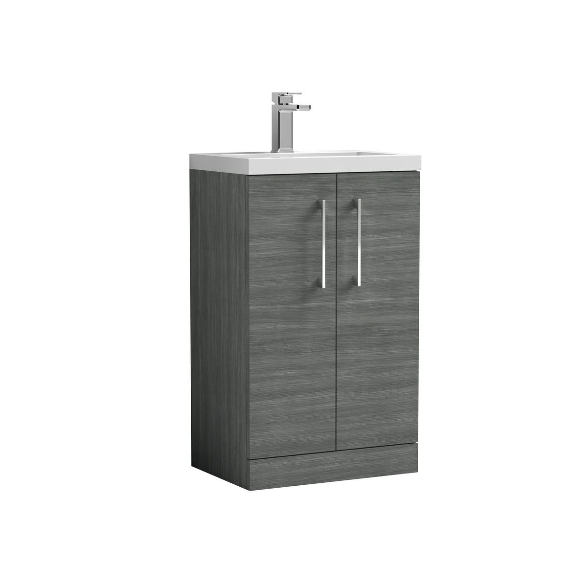 Modern Splash Compact 500mm Anthracite Woodgrain 2 Door Floor Standing Vanity Unit With Polymarble Basin