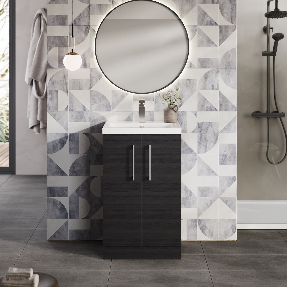 Modern Splash Compact 500mm Charcoal Black 2 Door Floor Standing Vanity Unit With Basin