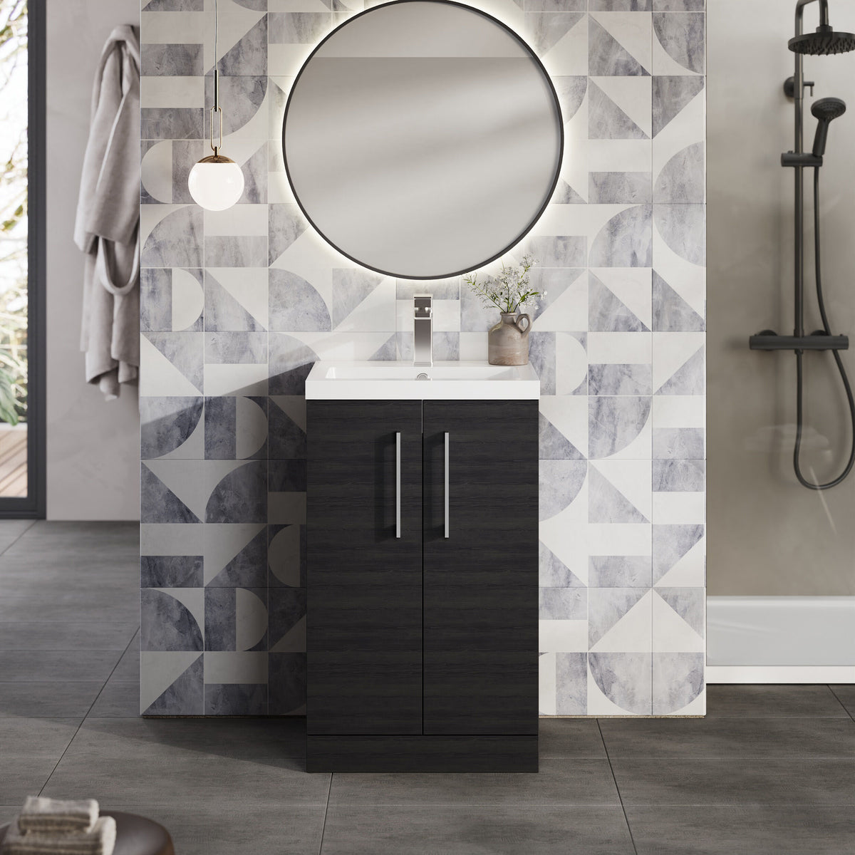 Modern Splash Compact 500mm Charcoal Black 2 Door Floor Standing Vanity Unit With Polymarble Basin
