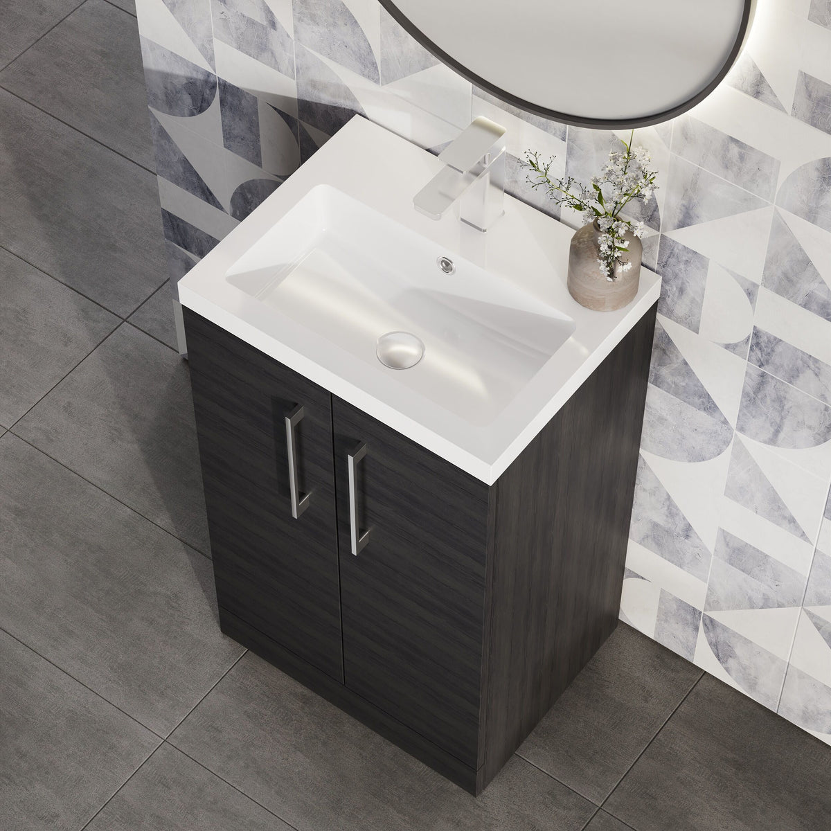 Modern Splash Compact 500mm Charcoal Black 2 Door Floor Standing Vanity Unit With Polymarble Basin