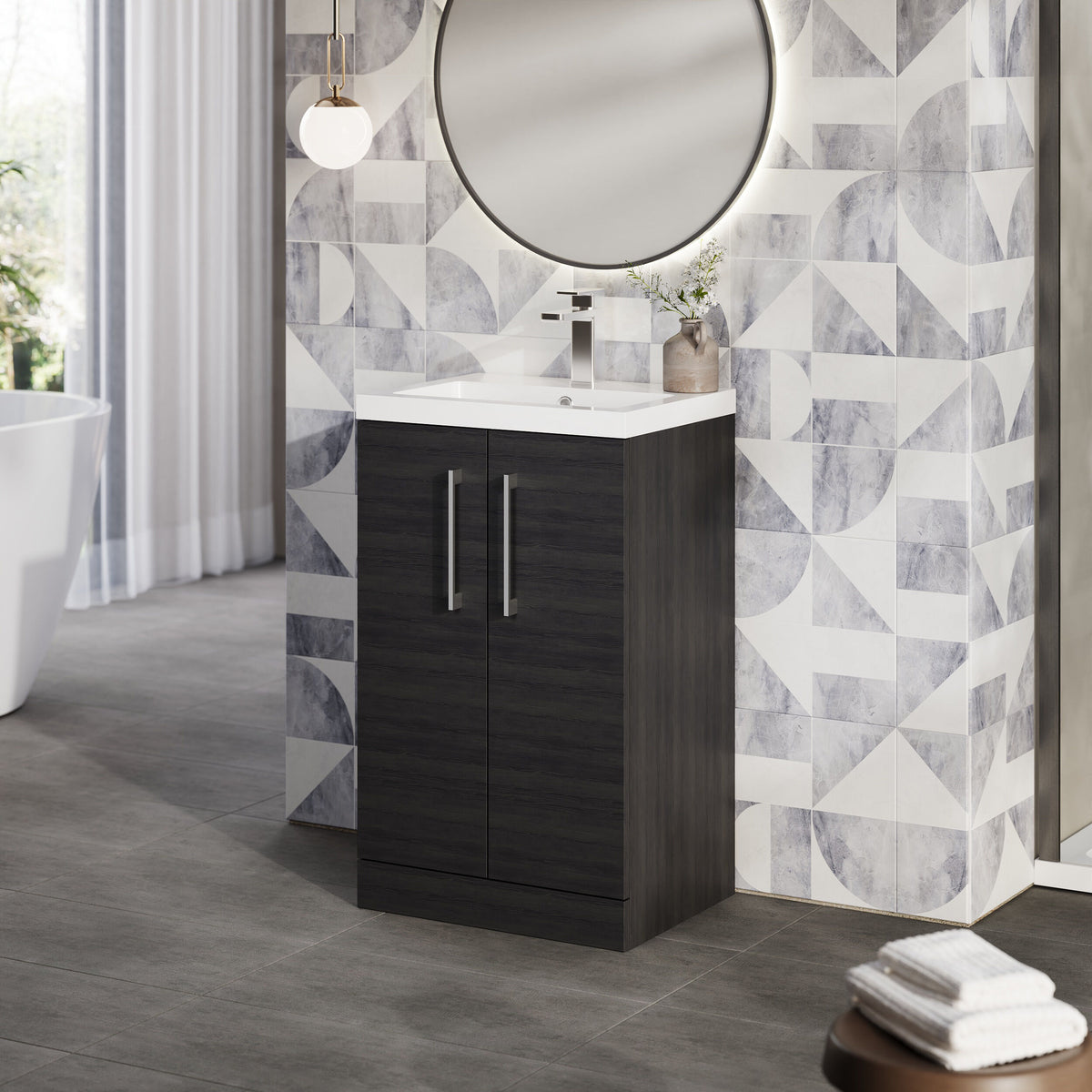 Modern Splash Compact 500mm Charcoal Black 2 Door Floor Standing Vanity Unit With Polymarble Basin