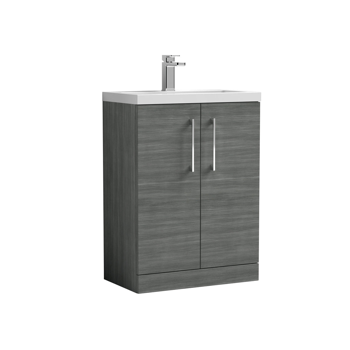 Modern Splash Compact 600mm Anthracite Woodgrain 2 Door Floor Standing Vanity Unit With Basin