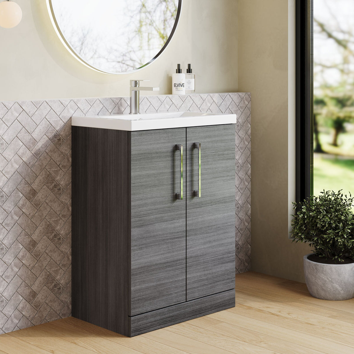 Modern Splash Compact 600mm Anthracite Woodgrain 2 Door Floor Standing Vanity Unit With Basin