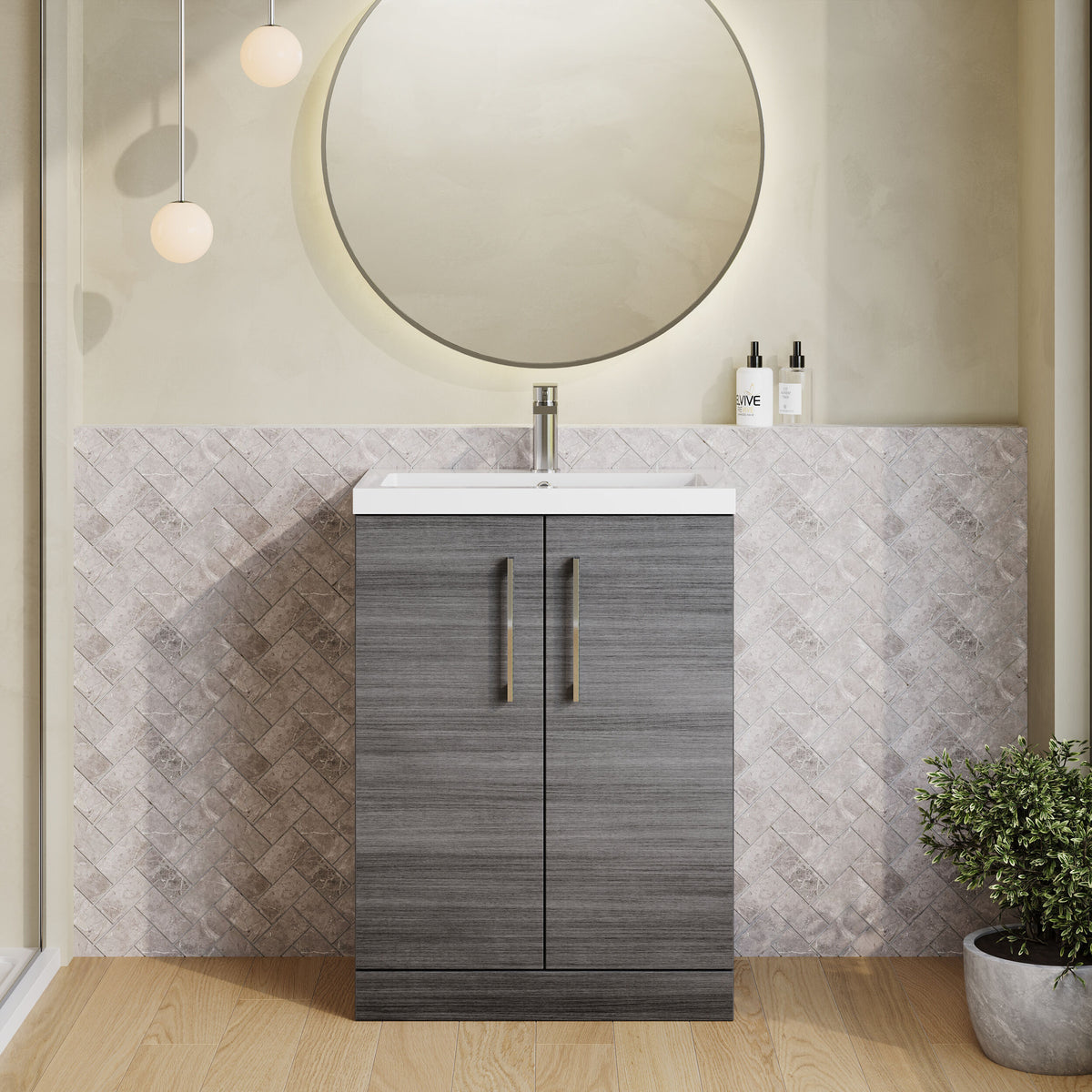 Modern Splash Compact 600mm Anthracite Woodgrain 2 Door Floor Standing Vanity Unit With Polymarble Basin