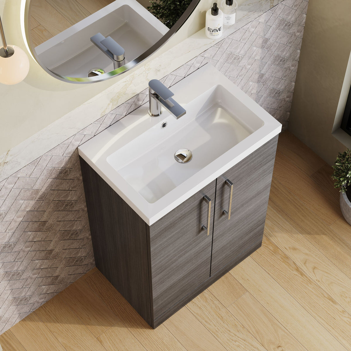 Modern Splash Compact 600mm Anthracite Woodgrain 2 Door Floor Standing Vanity Unit With Polymarble Basin