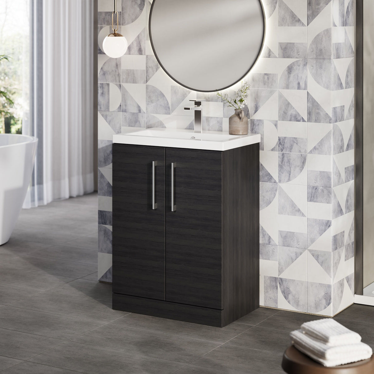 Modern Splash Compact 600mm Charcoal Black 2 Door Floor Standing Vanity Unit With Basin